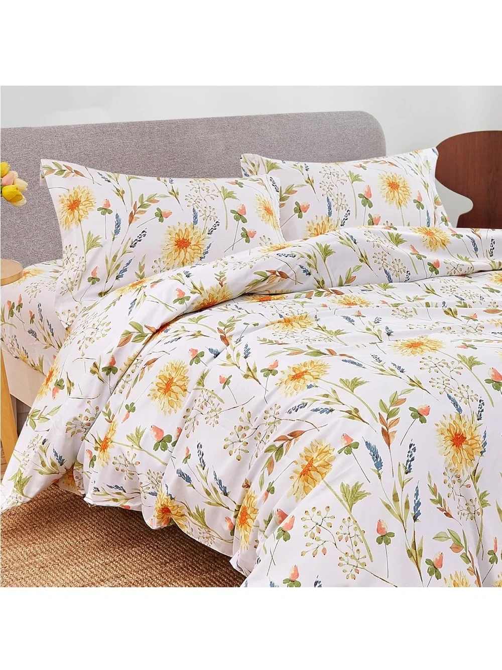 NEW JSD Yellow Floral Printed 3-piece Duvet Cover Set. Botanical. King